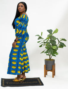 Ankara Long Sleeve Mermaid Dress Blue & Yellow