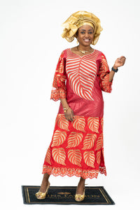 African Gold Leaves Embroidery Dress