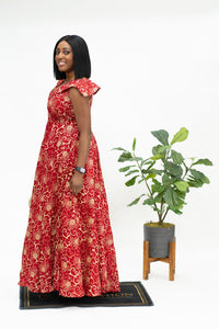 Floral Ankara Long Dress Creme & Red