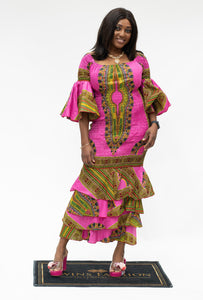 Mermaid Dashiki Print 3 layer Long Dress