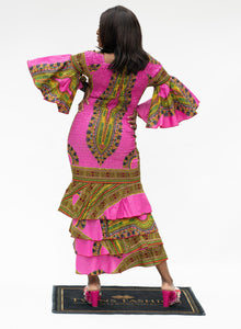 Mermaid Dashiki Print 3 layer Long Dress